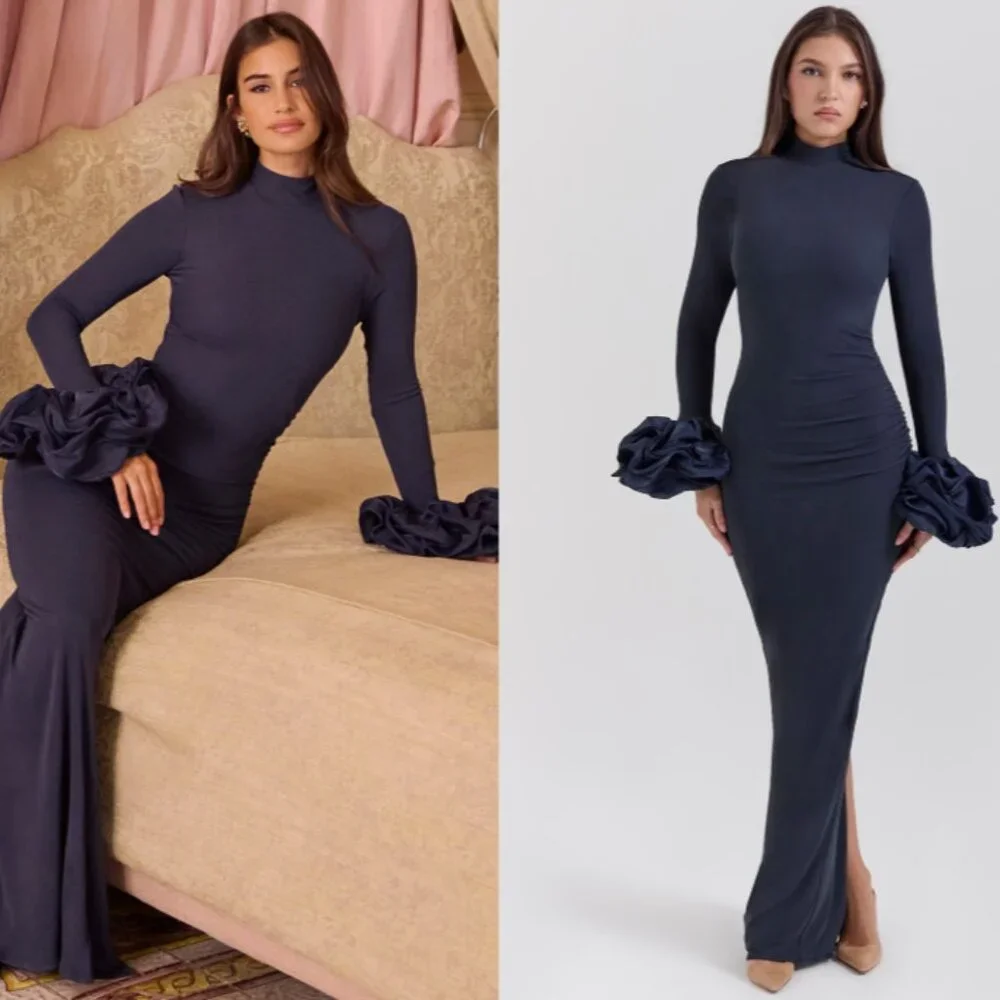 HOUSE OF CB 'Fabienne' Midnight Ruffle Sleeve Maxi Dress NWOT - Picture 1 of 9